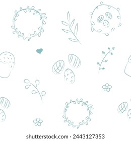 Vector illustration. Cute hand drawn seamless pattern. Festive background with Easter linear symbols. Design of postcards, banners, wrapping, textiles, wallpapers and other promotional products.