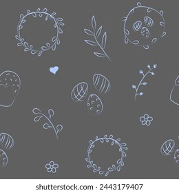 Vector illustration. Cute hand drawn seamless pattern. Festive background with Easter linear symbols. Design of postcards, banners, wrapping, textiles, wallpapers and other promotional products.