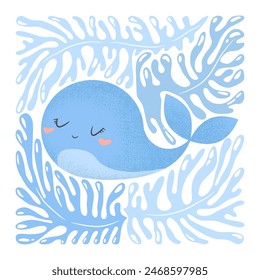 Vector illustration with cute hand drawn cartoon whale and abstract plants isolated on white background. Sea animal design for t-shirt print, poster, wallpaper, card, nursery decor