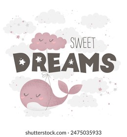 Vector illustration with cute hand drawn cartoon whale, clouds, stars and quote Sweet dreams isolated on white background. Design for poster print, fabric, card, nursery decoration