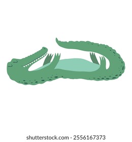 Vector illustration with cute hand drawn green crocodile isolated on white background. Adorable animal design illustration for poster, card, wallpaper, fabric print, nursery decoration