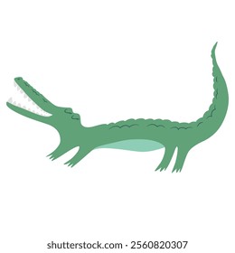 Vector illustration with cute hand drawn green crocodile isolated on white background. Adorable animal design illustration for card, wallpaper, fabric print, poster, nursery decoration