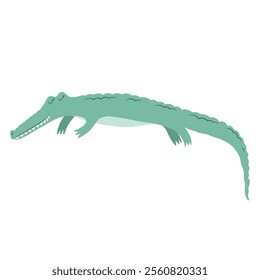 Vector illustration with cute hand drawn green crocodile isolated on white background. Adorable animal design illustration for poster, card, wallpaper, nursery decoration, fabric print