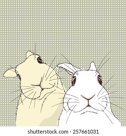 Vector illustration with cute hand drawn rabbits on polka dot texture. 