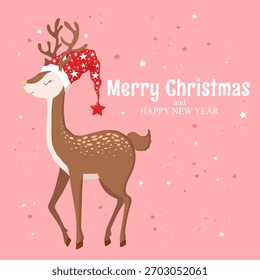 Vector illustration with cute hand drawn deer in Santa hat and lettering Merry Christmas and Happy New Year isolated on pink background. Holiday animal design for print, card, poster