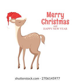 Vektorgrafik mit niedlichem, handgezeichnetem Hirsch in Weihnachtsmütze und Schriftzug Fröhliche Weihnachten und Frohes Neues Jahr einzeln auf weißem Hintergrund. Urlaubstier-Design für Print, Karte, Poster