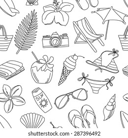 Vector illustration Cute hand drawn sketch line icons seamless pattern. Black and white