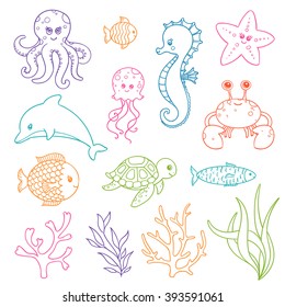 Vector Illustration of Cute Hand Drawn Sea Life Creatures