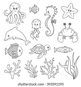Vector Illustration Of Cute Hand Drawn Sea Life Creatures