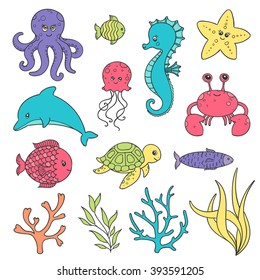 Vector Illustration of Cute Hand Drawn Sea Life Creatures