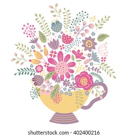 vector illustration of cute hand drawn flowers in a vintage cup on an isolated background