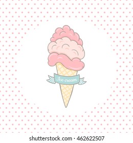 vector illustration of cute hand drawn ice cream cone on dotted background