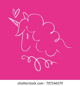 Vector illustration, cute hand drawn unicorn. Picture, label, poster, postcard, print for clothes and other, element for design.