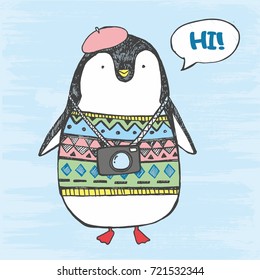 Vector illustration of cute hand drawn sketch fat penguin in a sweater, beret, with camera and comics cloud with lettering hi! isolated on a blue grunge background. North Pole