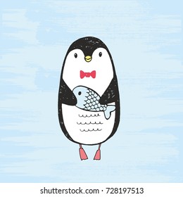 Vector illustration of cute hand drawn black and white penguin with fish in the paws. Drawing isolated on a grunge blue background.