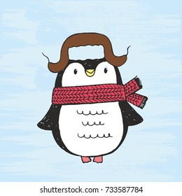 Vector illustration of cute hand drawn black and white penguin with a cap and scarf. Drawing isolated on a grunge blue background.