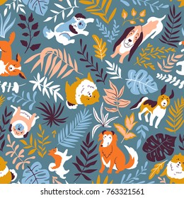 Vector  illustration with cute hand drawn dogs and tropical plants. Seamless fashion  pattern. Trendy scandinavian design. 