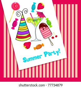 Vector illustration of cute, hand drawn style retro summer party invitation