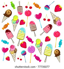 Vector illustration of cute, hand drawn style retro candies background