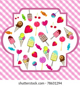 Vector illustration of cute, hand drawn style retro candies background