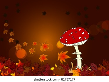 Vector illustration of cute hand drawn style autumn scene with mushroom and leaves