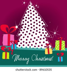 Vector illustration of cute, hand drawn style Christmas tree and gift boxes