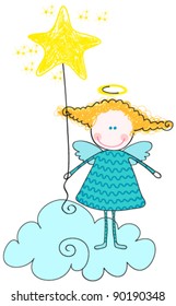 Vector illustration of cute, hand drawn style cute angel holding star