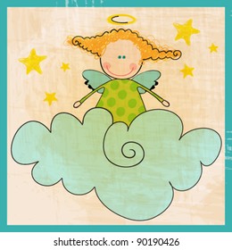 Vector illustration of cute, hand drawn style cute angel sitting on cloud