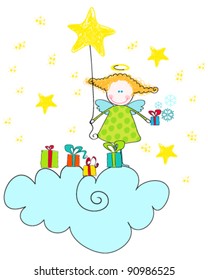 Vector illustration of cute, hand drawn style cute angel holding presents