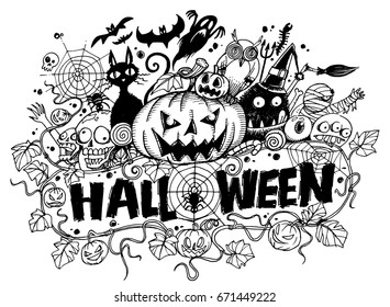 Vector illustration of Cute hand-drawn Halloween doodles.- vector illustration