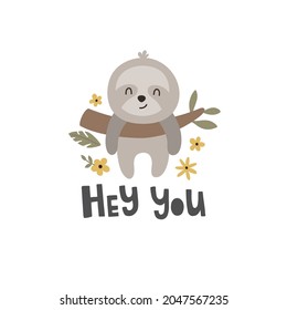 vector illustration of cute hanging sloth and hand lettering text