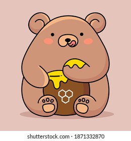 Vector illustration of cute happy bear eating honey from paw on brown color background with honey pot