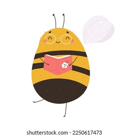 Vector illustration of a cute happy bee with a book. Funny insect isolated on white background