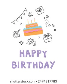 Vector illustration of a cute happy birthday card. Cake congratulations illustration with doodle elements. Suitable for banners, posters, cards, social media posts. EPS10
