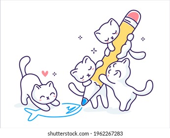 Vector illustration of cute happy cat with pencil drawing fish on white color background
