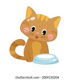 Vector illustration of cute happy cat on a white background in cartoon style. Favorite pet drinks milk.