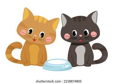 Vector illustration of cute happy cats on a white background in cartoon style. Favorite pet drinks milk.