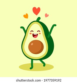 Vector illustration of cute happy character green and yellow avocado with heart on color background with shadow