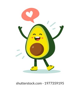 Vector illustration of cute happy character green and yellow avocado with speech bubble on white color background with shadow