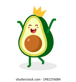 Vector illustration of cute happy character green and yellow avocado with crown on color background with shadow, king or queen avocado