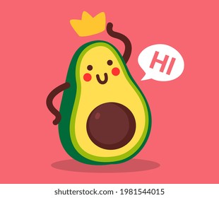 Vector illustration of cute happy character green and yellow avocado with smile and crown on red color background with speech bubble