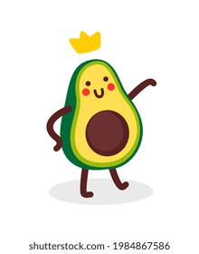 Vector illustration of cute happy character green and yellow avocado with smile and crown on white color background with shadow