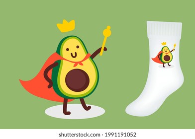 Vector illustration of cute happy character green and yellow avocado with smile and crown on color background with sock, king avocado with red cloak