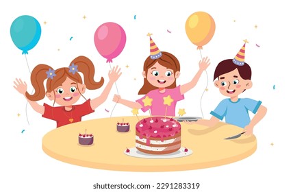 Vector illustration of cute and happy children celebrating birthdays. Cartoon scene with smiling, joyful boy and girl sitting at the table with cake and colorful balloons isolated on white background.