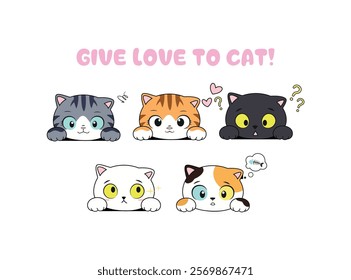 Vector illustration. Cute happy and content kittens. Design for printing on shirt, poster, banner, Lovely print for t-shirt.