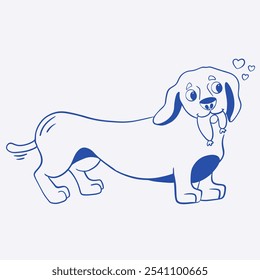 Vector illustration of cute happy dachshund with sausages in his teeth in minimalistic blue line style with hearts above his head, brand character, mascot, ideal for packaging, print, graphic design