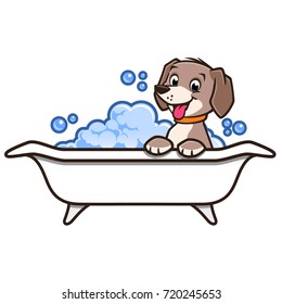Vector illustration of a cute happy dog having a bath