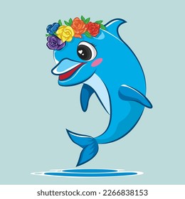 Ilustración vectorial de un delfín lindo y feliz con rosas para elemento de diseño