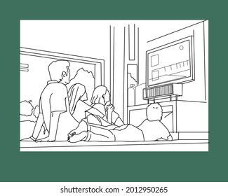 vector illustration of cute happy family doing various activities, watching television, child playing smartphone and angry parent