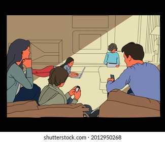 vector illustration of cute happy family doing various activities, watching television, child playing smartphone and angry parent